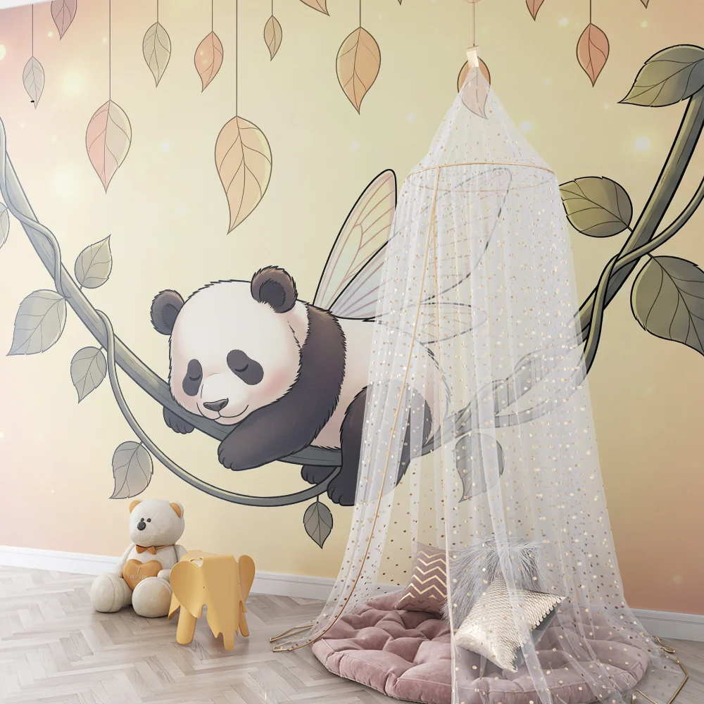 Lastenhuoneen tapetti | Nukkuva panda keiju siivillä oksalla