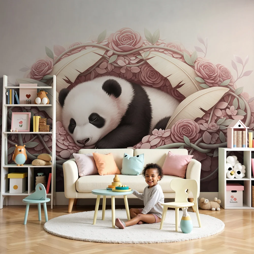 Lastenhuoneen tapetti | Nukkuva panda kukkien keskellä