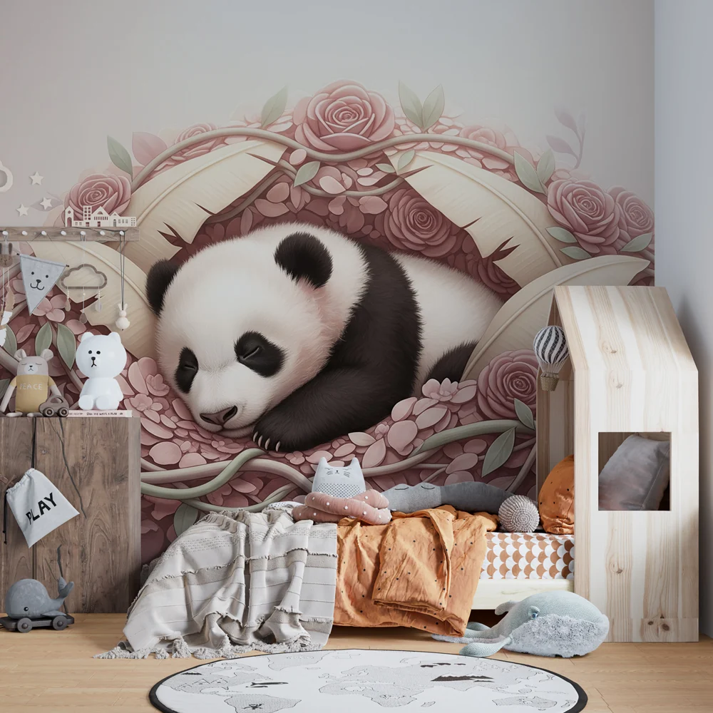 Lastenhuoneen tapetti | Nukkuva panda kukkien keskellä