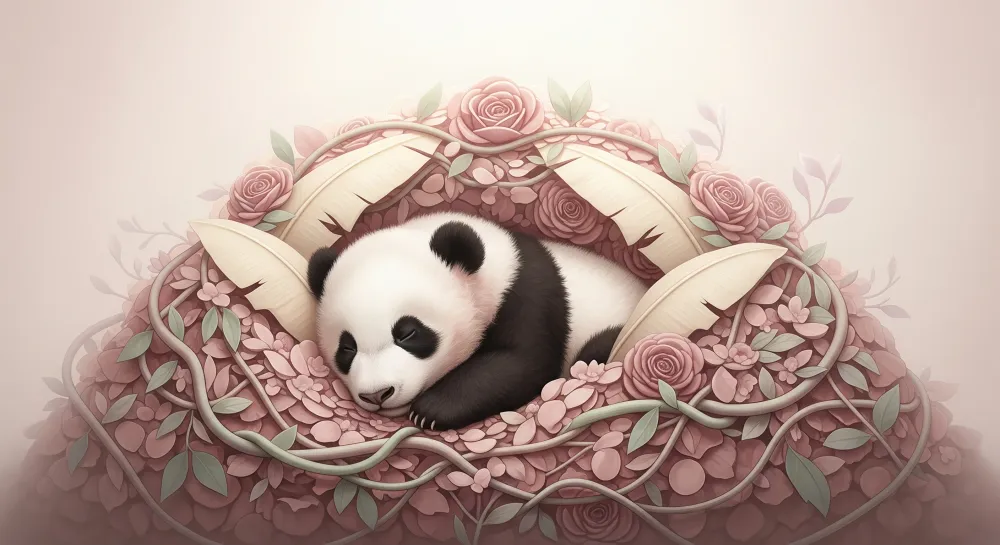 Lastenhuoneen tapetti | Nukkuva panda kukkien keskellä