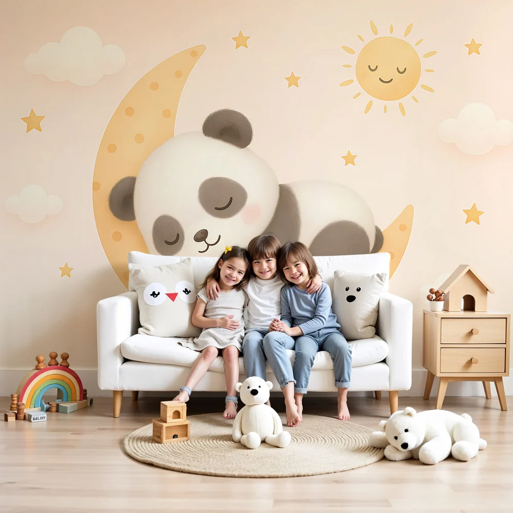 Lastenhuoneen tapetti | Nukkuva panda kuun sirpaleella