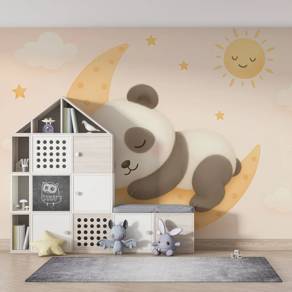 Lastenhuoneen tapetti | Nukkuva panda kuun sirpaleella