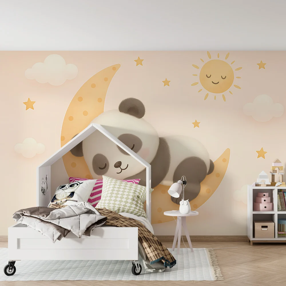 Lastenhuoneen tapetti | Nukkuva panda kuun sirpaleella