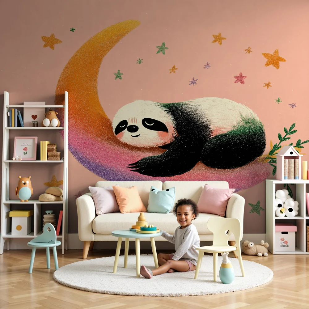 Lastenhuoneen tapetti | Nukkuva panda kuun sirpaleella