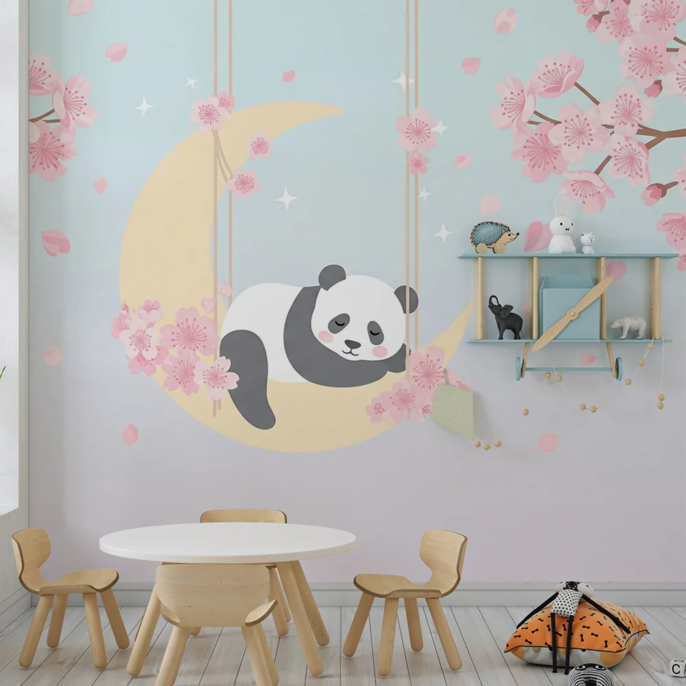 Lastenhuoneen tapetti | Nukkuva panda kuun ympäröimänä kirsikkapuiden kukkien keskellä