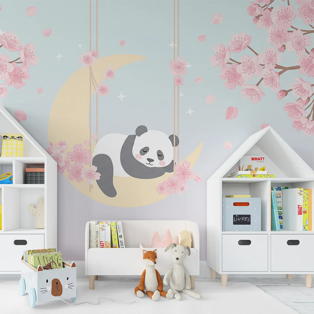 Lastenhuoneen tapetti | Nukkuva panda kuun ympäröimänä kirsikkapuiden kukkien keskellä