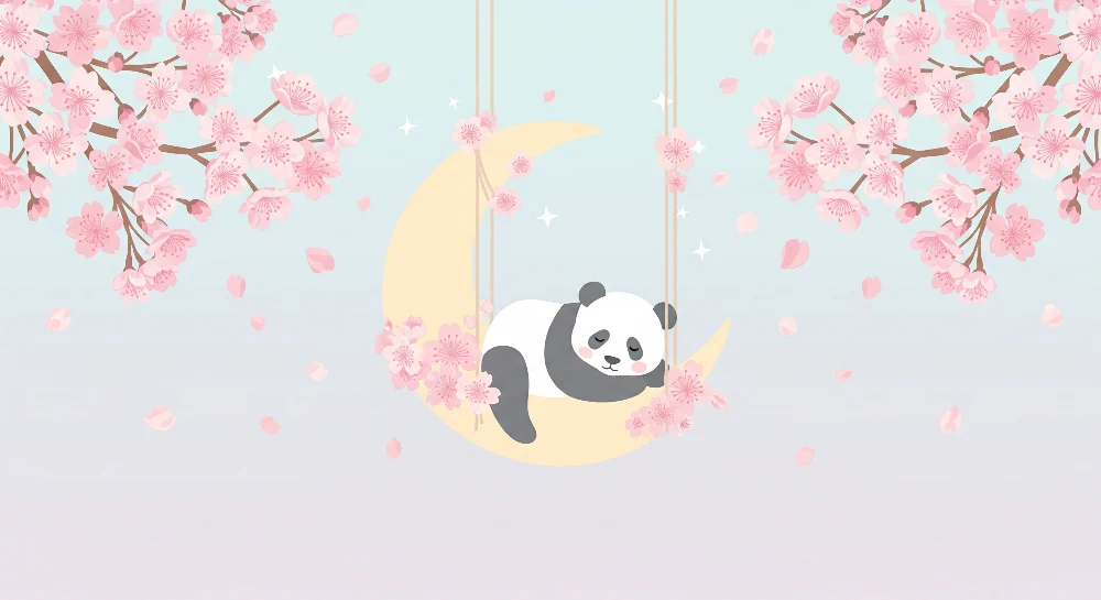 Lastenhuoneen tapetti | Nukkuva panda kuun ympäröimänä kirsikkapuiden kukkien keskellä