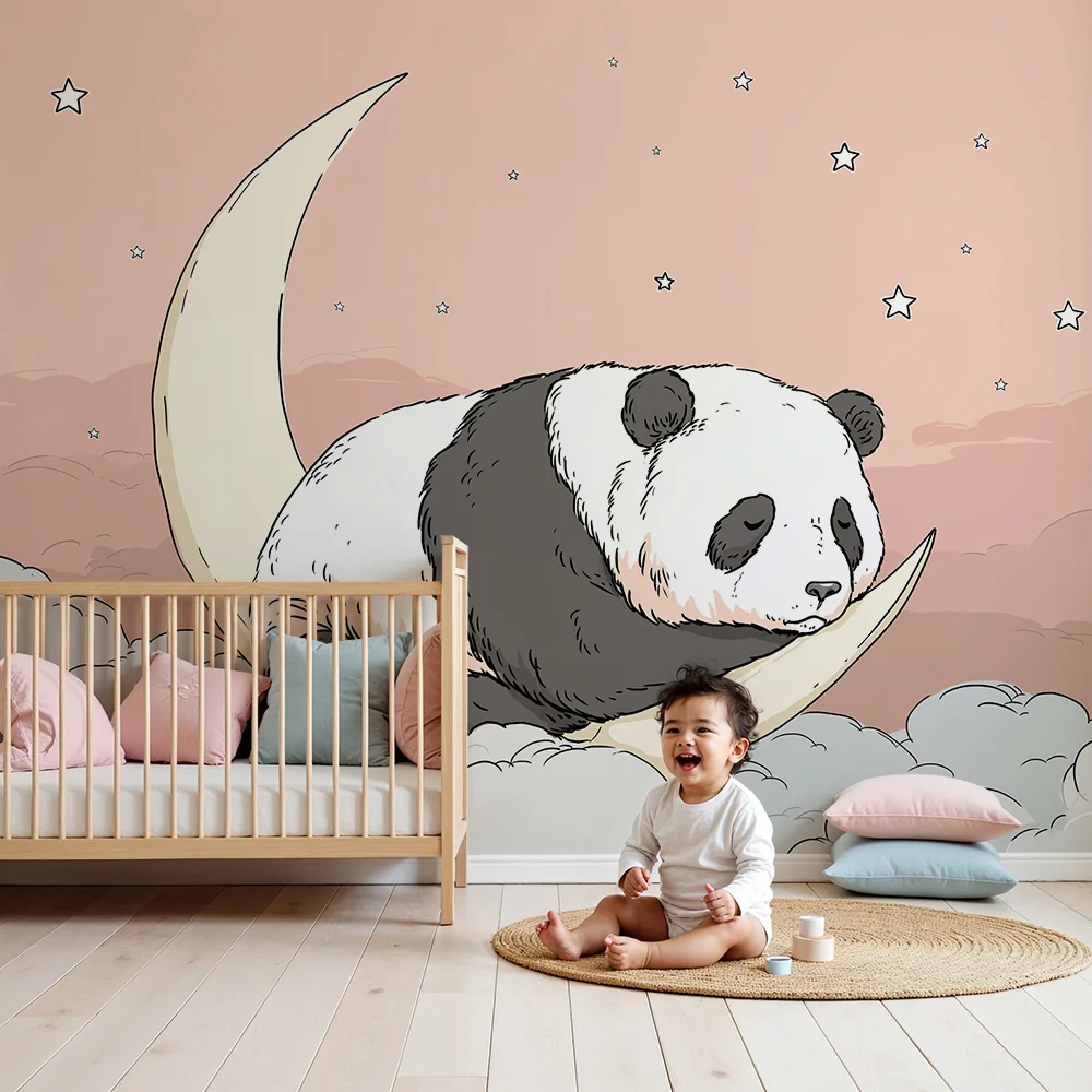 Lastenhuoneen tapetti | Nukkuva panda kuunsirpaleella tähtitaivaan alla