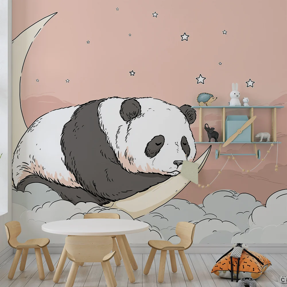 Lastenhuoneen tapetti | Nukkuva panda kuunsirpaleella tähtitaivaan alla