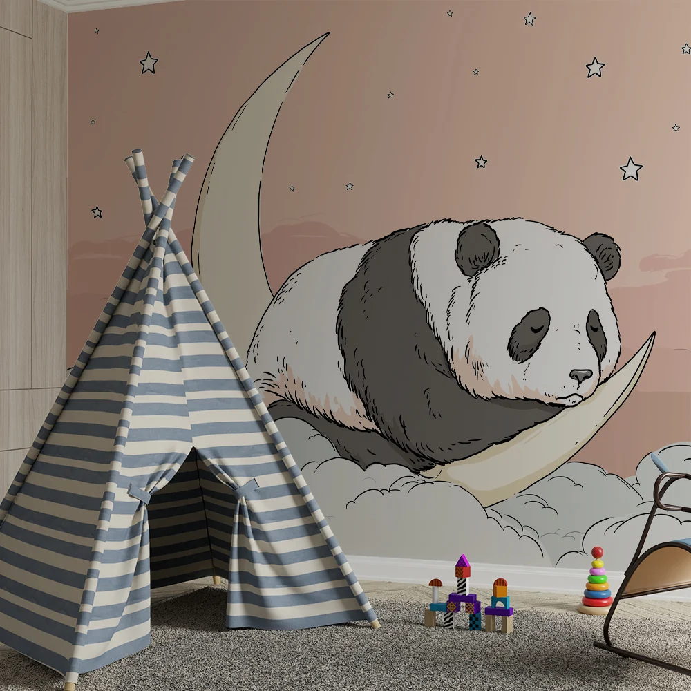 Lastenhuoneen tapetti | Nukkuva panda kuunsirpaleella tähtitaivaan alla
