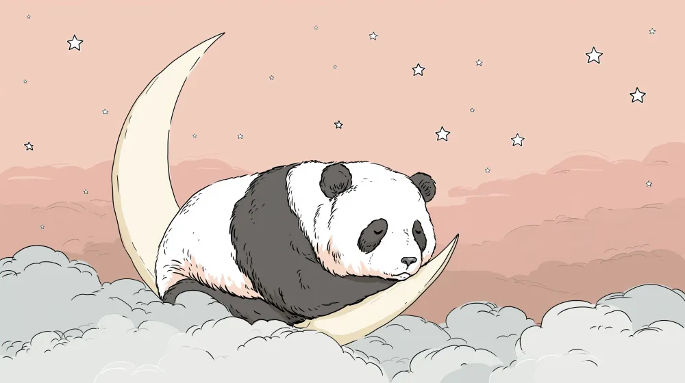 Lastenhuoneen tapetti | Nukkuva panda kuunsirpaleella tähtitaivaan alla