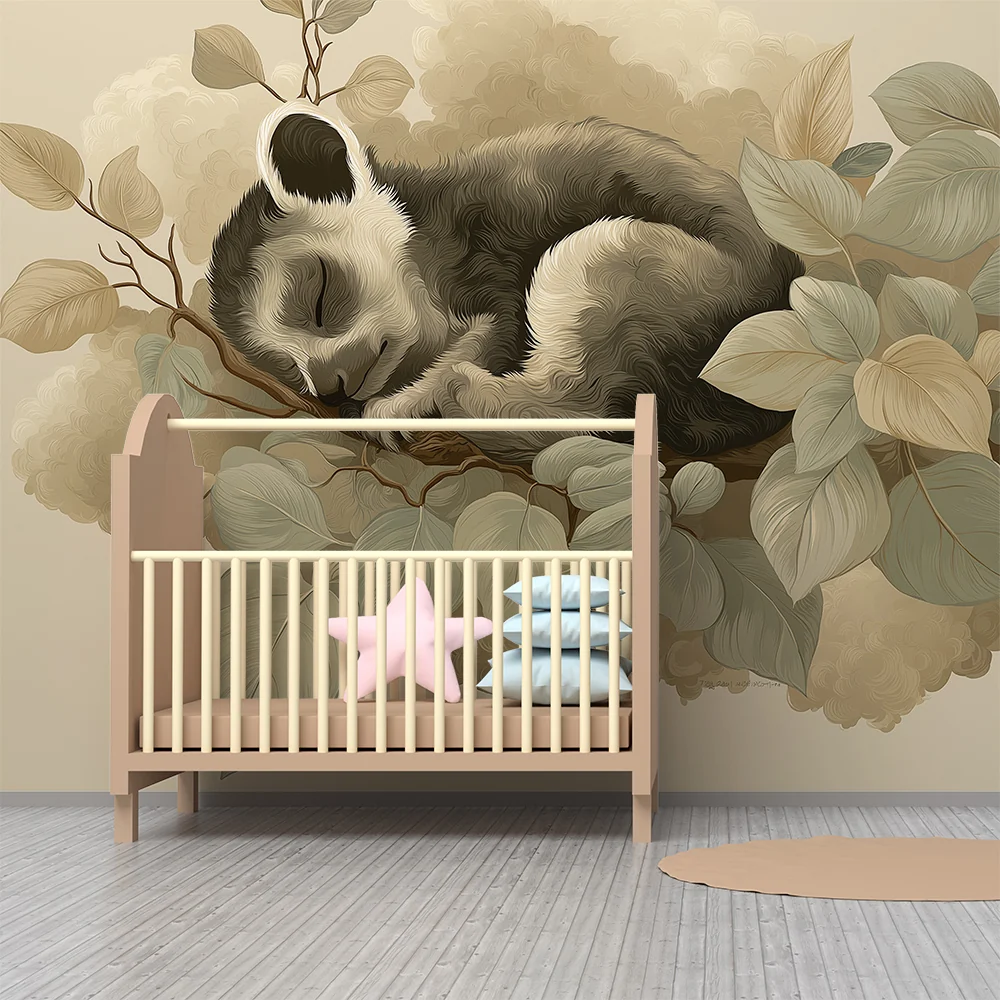 Lastenhuoneen tapetti | Nukkuva panda oksalla pehmeiden lehtien kanssa