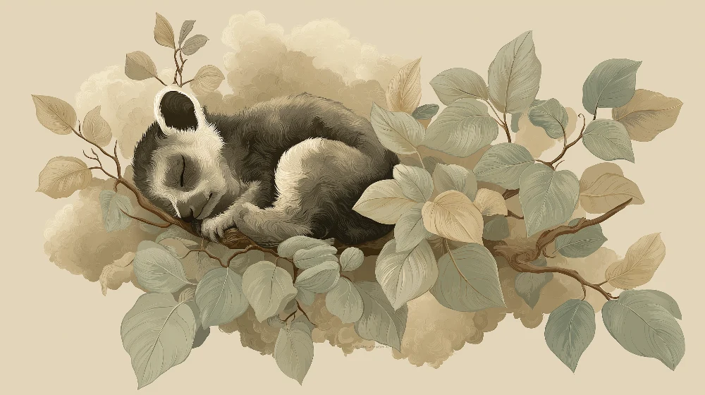 Lastenhuoneen tapetti | Nukkuva panda oksalla pehmeiden lehtien kanssa