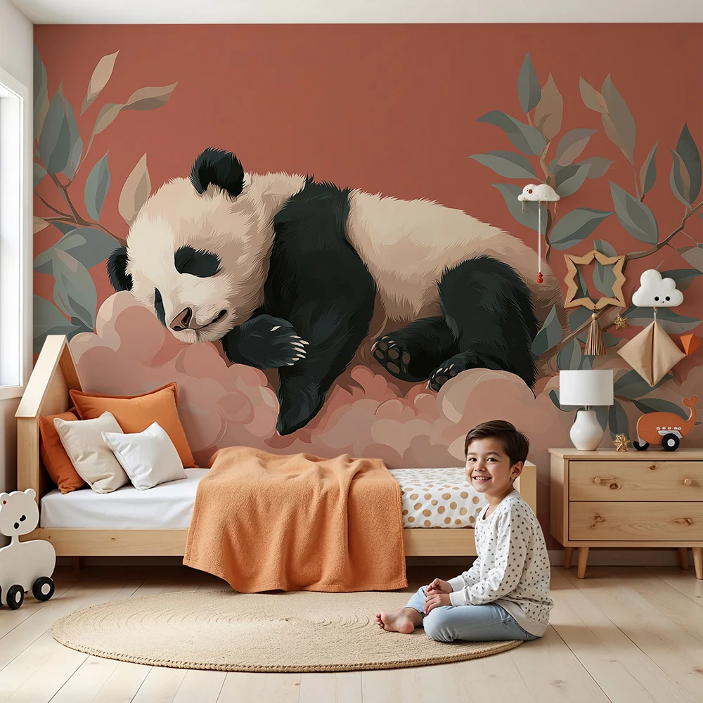 Lastenhuoneen tapetti | Nukkuva panda pilvellä herkällä lehdillä