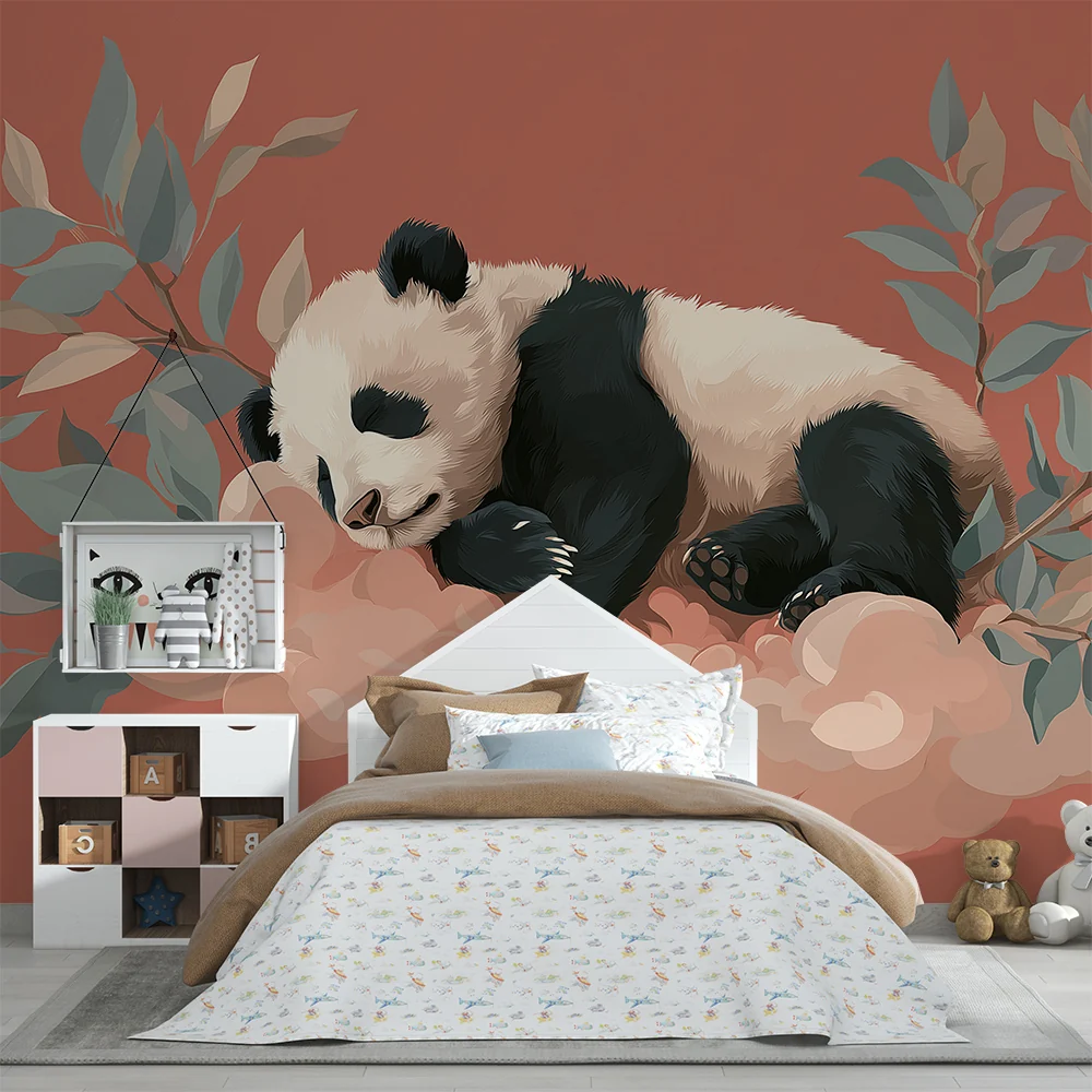 Lastenhuoneen tapetti | Nukkuva panda pilvellä herkällä lehdillä