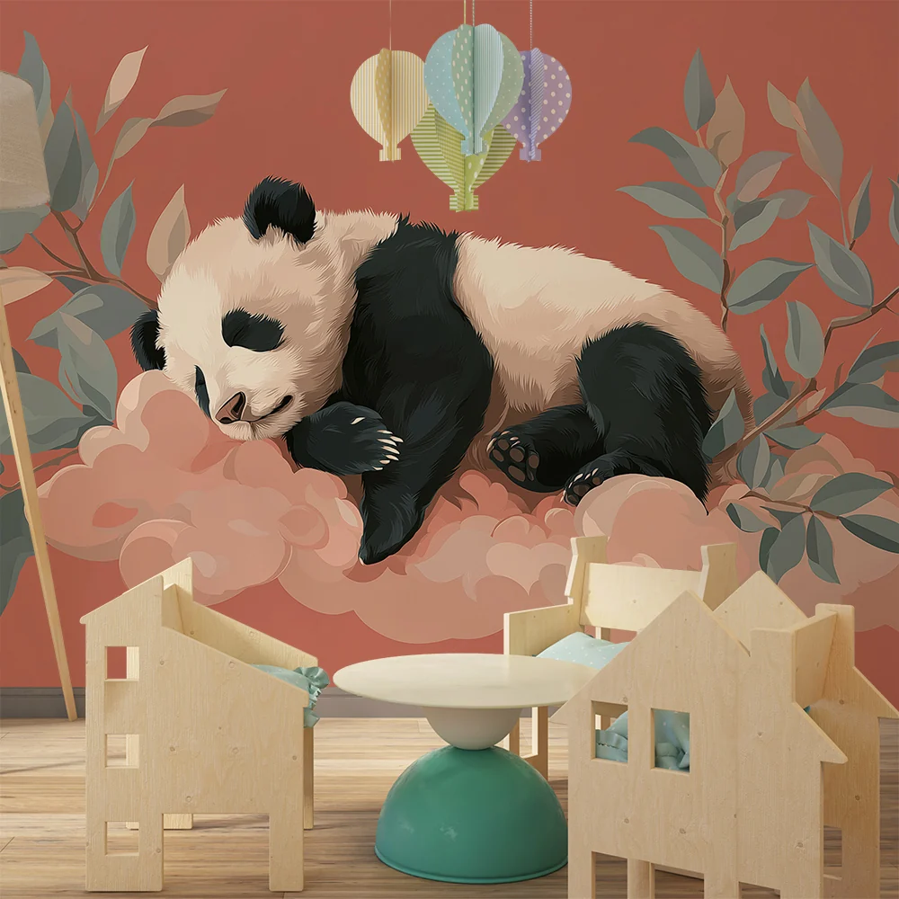 Lastenhuoneen tapetti | Nukkuva panda pilvellä herkällä lehdillä