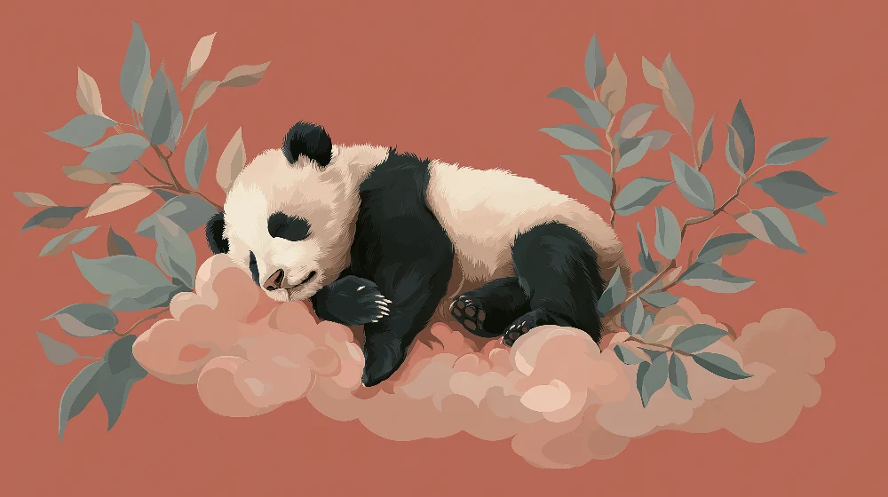 Lastenhuoneen tapetti | Nukkuva panda pilvellä herkällä lehdillä