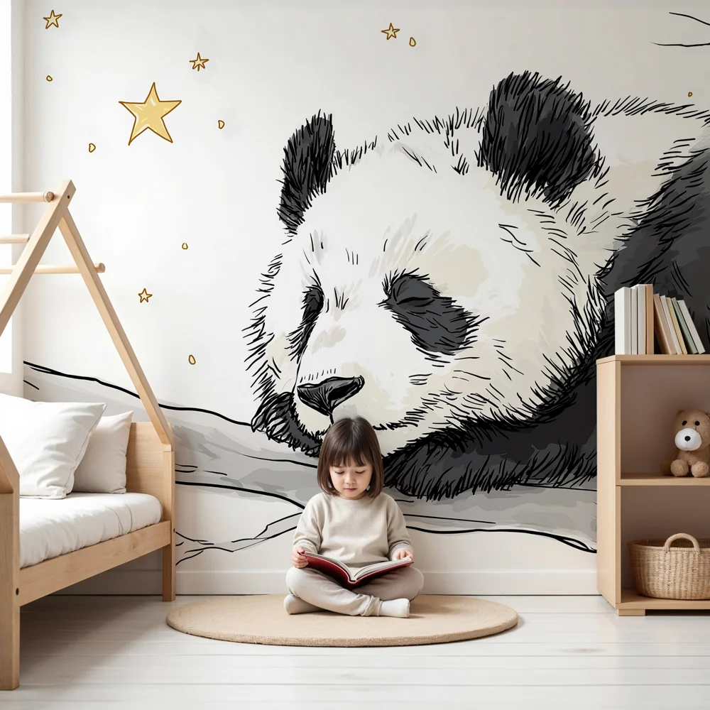 Lastenhuoneen tapetti | Nukkuva panda tähtien alla