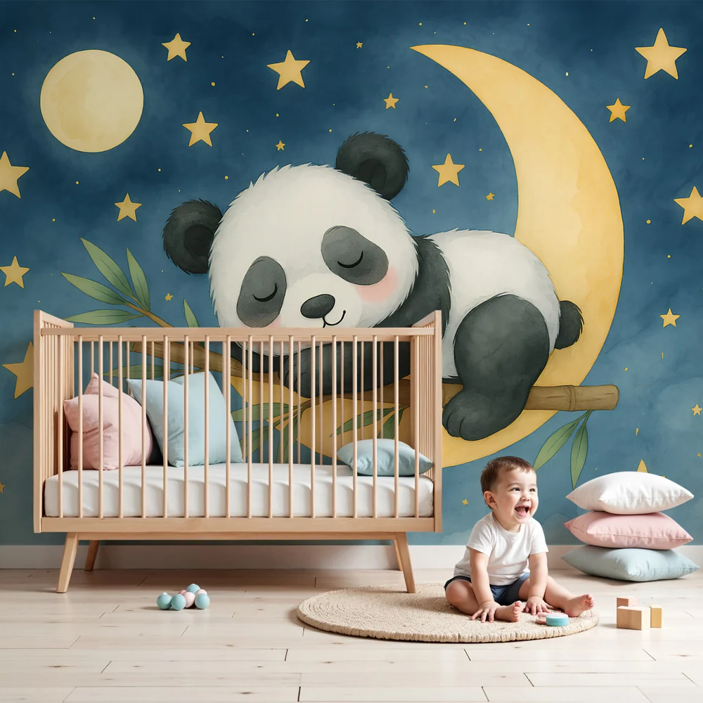 Lastenhuoneen tapetti | Nukkuva panda tähtien alla