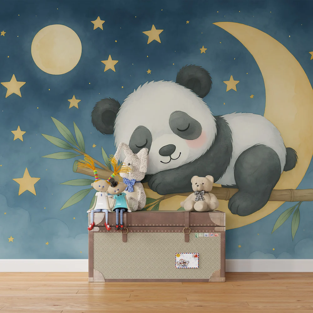 Lastenhuoneen tapetti | Nukkuva panda tähtien alla