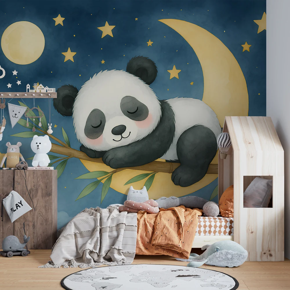Lastenhuoneen tapetti | Nukkuva panda tähtien alla
