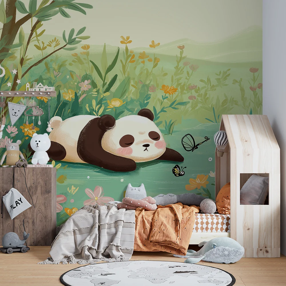 Lastenhuoneen tapetti | Nukkuva panda värikkäiden kukkien keskellä