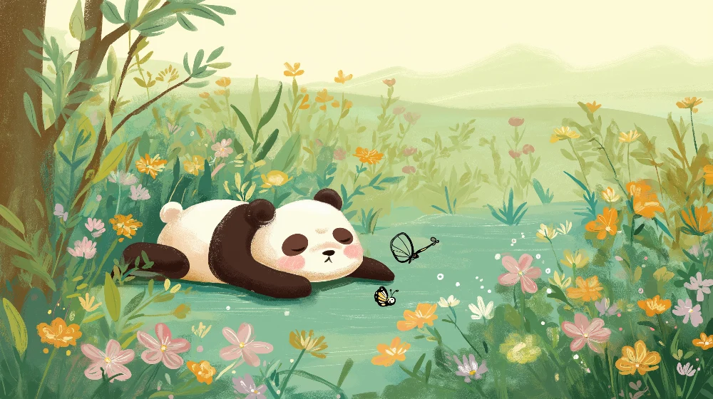 Lastenhuoneen tapetti | Nukkuva panda värikkäiden kukkien keskellä