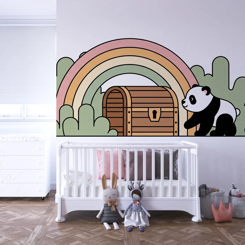 Lastenhuoneen tapetti | Panda ja aarre sateenkaaren alla