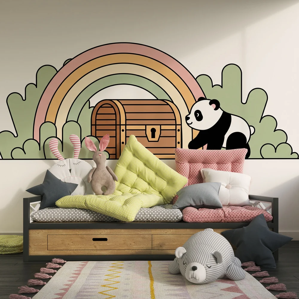 Lastenhuoneen tapetti | Panda ja aarre sateenkaaren alla