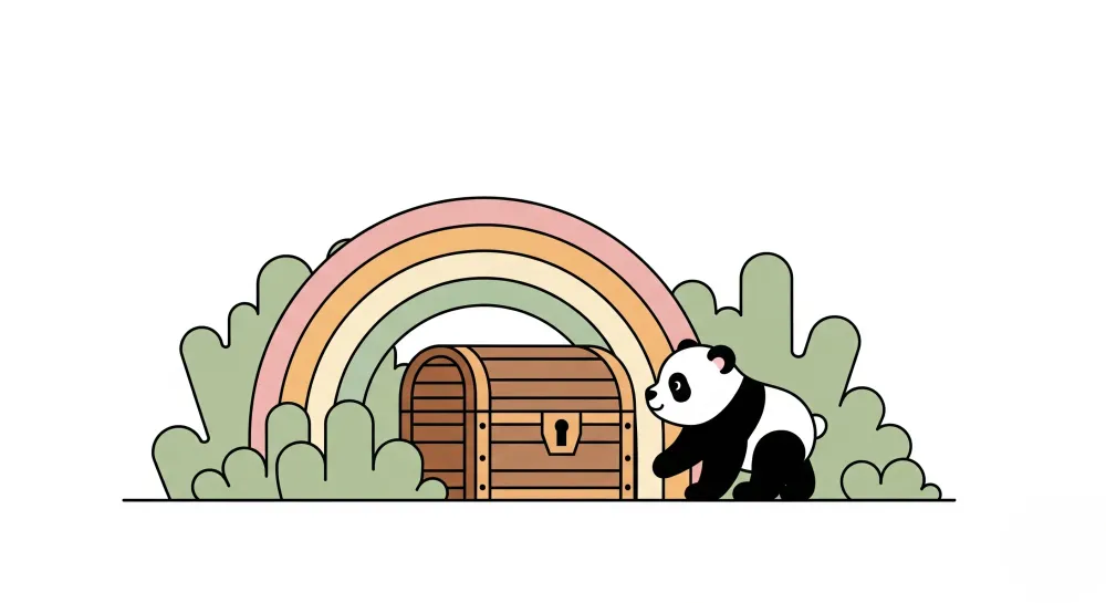 Lastenhuoneen tapetti | Panda ja aarre sateenkaaren alla