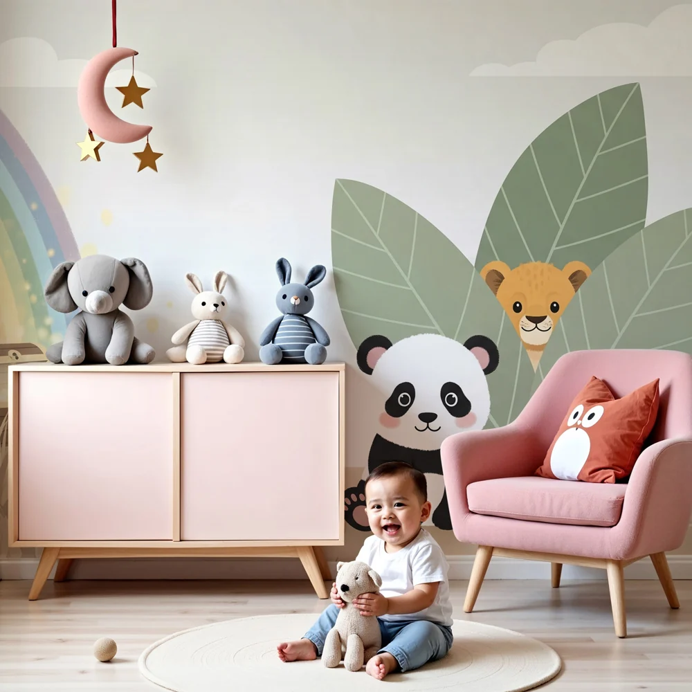 Lastenhuoneen tapetti | Panda ja aarre sateenkaaren alla