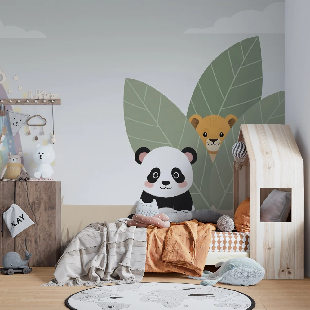 Lastenhuoneen tapetti | Panda ja aarre sateenkaaren alla