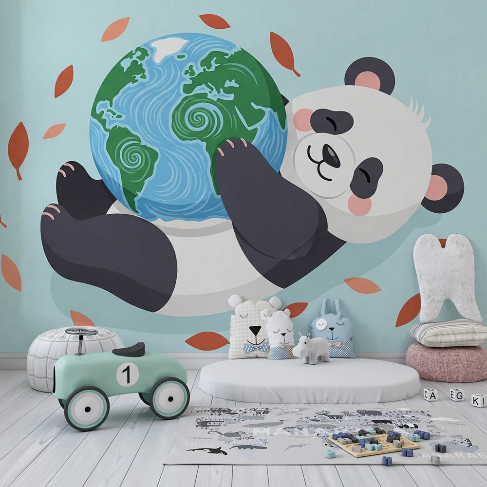 Lastenhuoneen tapetti | Panda halaa maata ja värikkäitä lehtiä