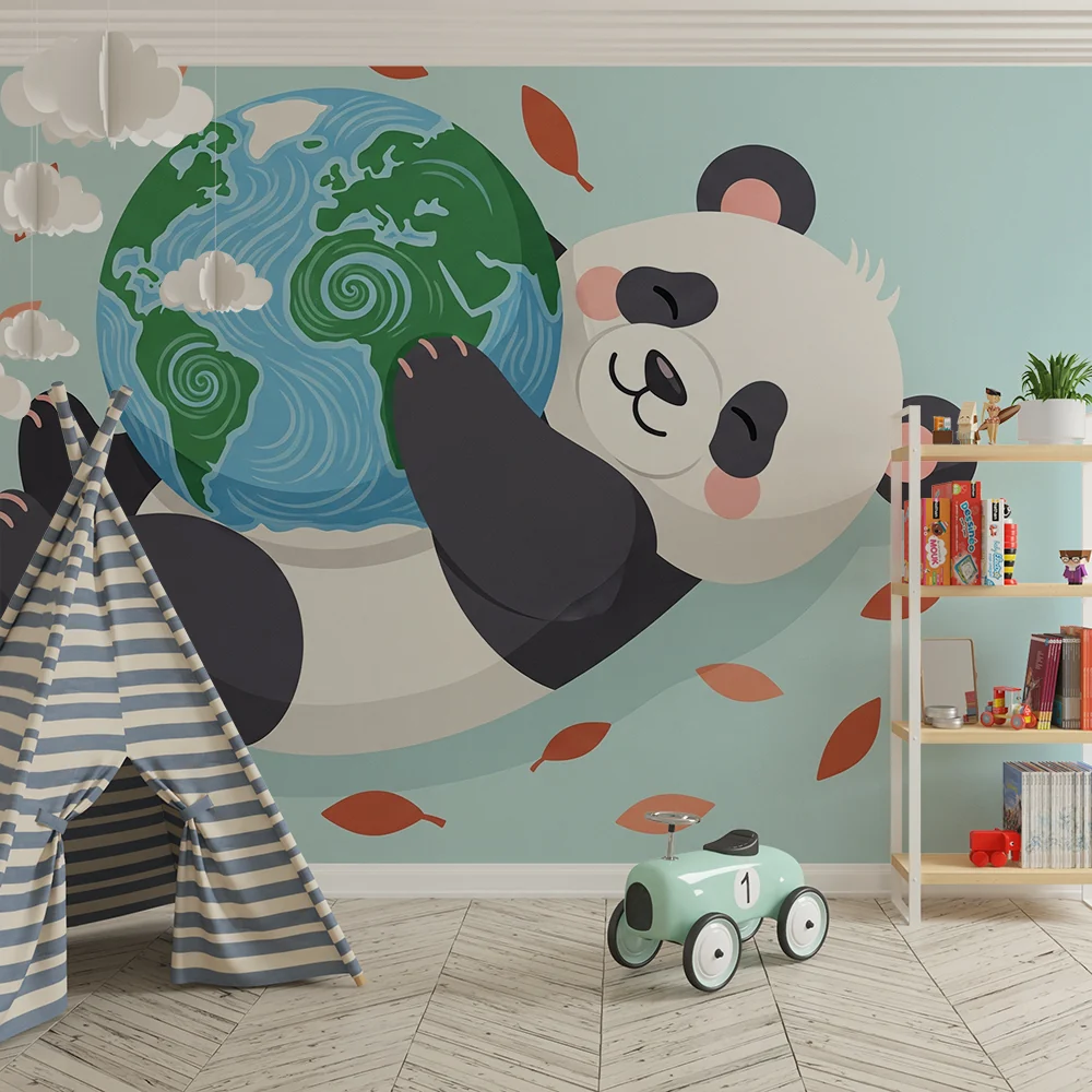 Lastenhuoneen tapetti | Panda halaa maata ja värikkäitä lehtiä