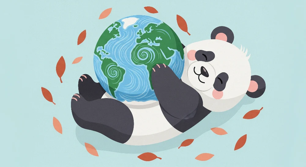 Lastenhuoneen tapetti | Panda halaa maata ja värikkäitä lehtiä