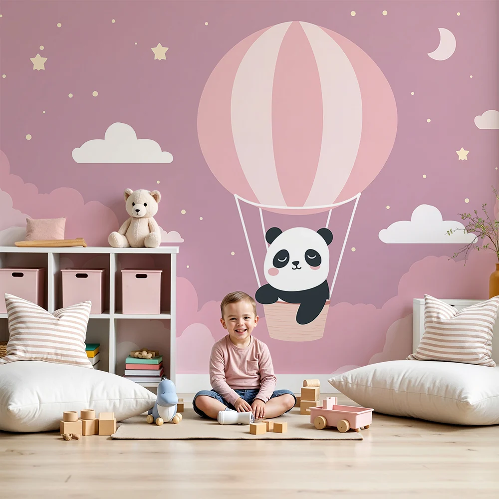 Lastenhuoneen tapetti | Söpö panda ilmapallolla vaaleanpunaisten pilvien keskellä