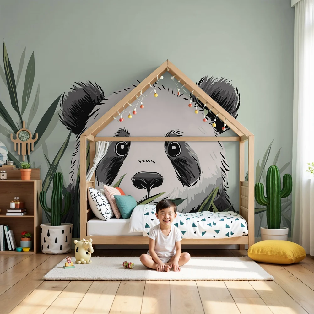 Lastenhuoneen tapetti | Söpö panda kasvillisuudessa