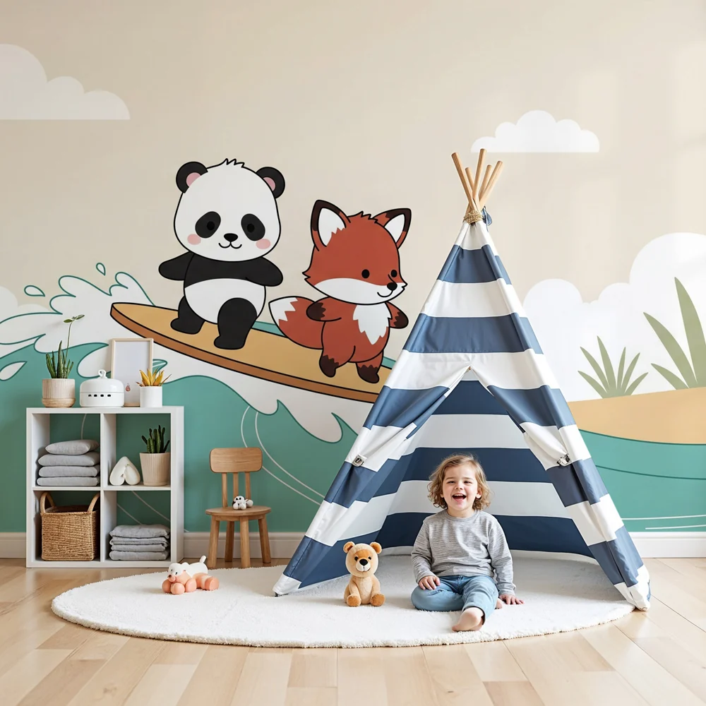 Lastenhuoneen tapetti | Panda ja kettu aalloilla
