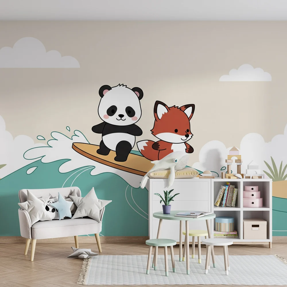 Lastenhuoneen tapetti | Panda ja kettu aalloilla