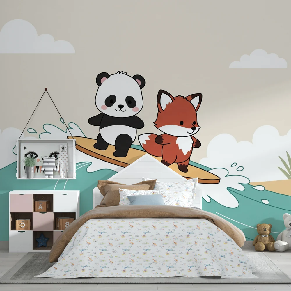 Lastenhuoneen tapetti | Panda ja kettu aalloilla