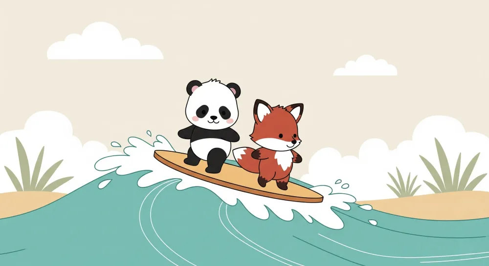 Lastenhuoneen tapetti | Panda ja kettu aalloilla