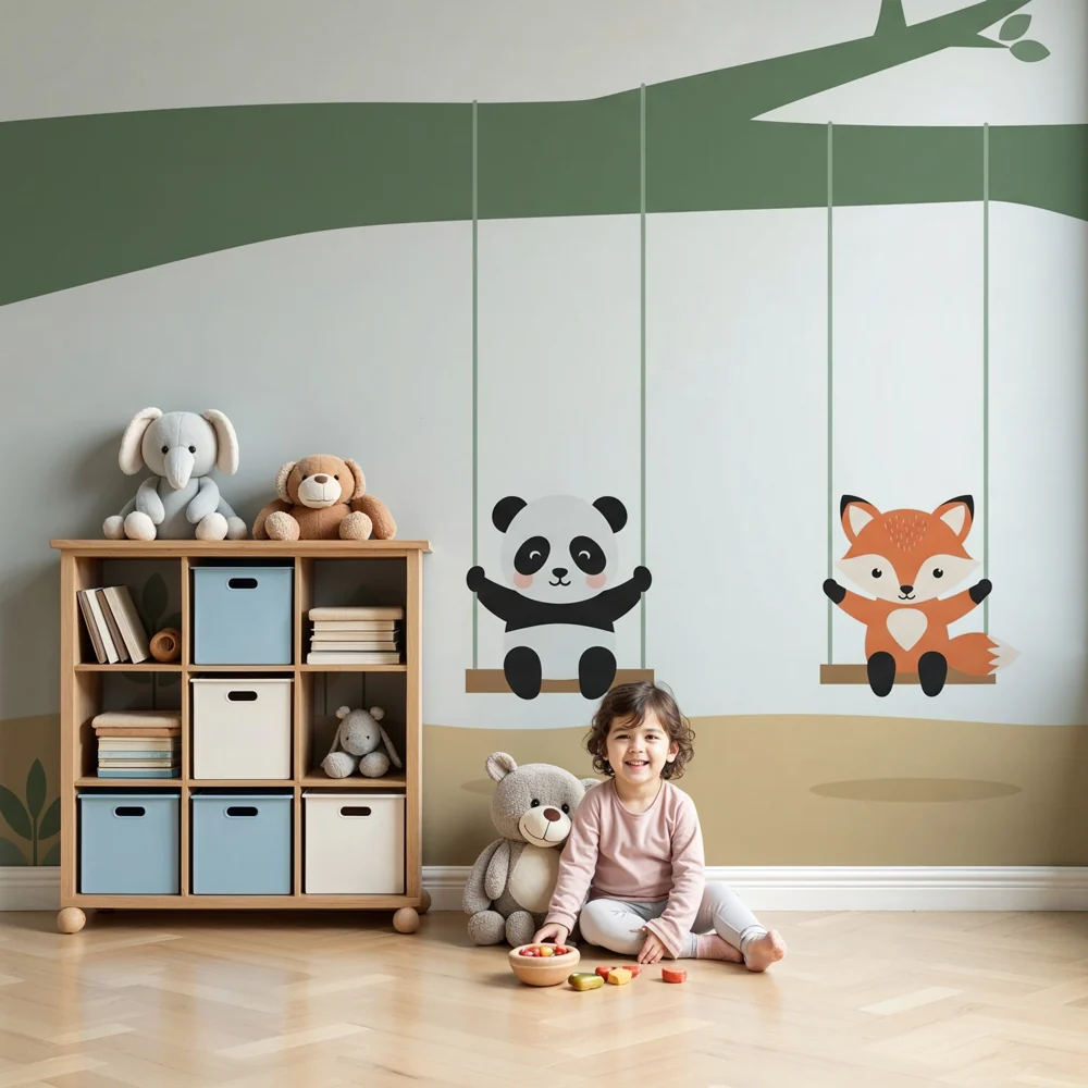 Lastenhuoneen tapetti | Panda ja kettu keinuilla
