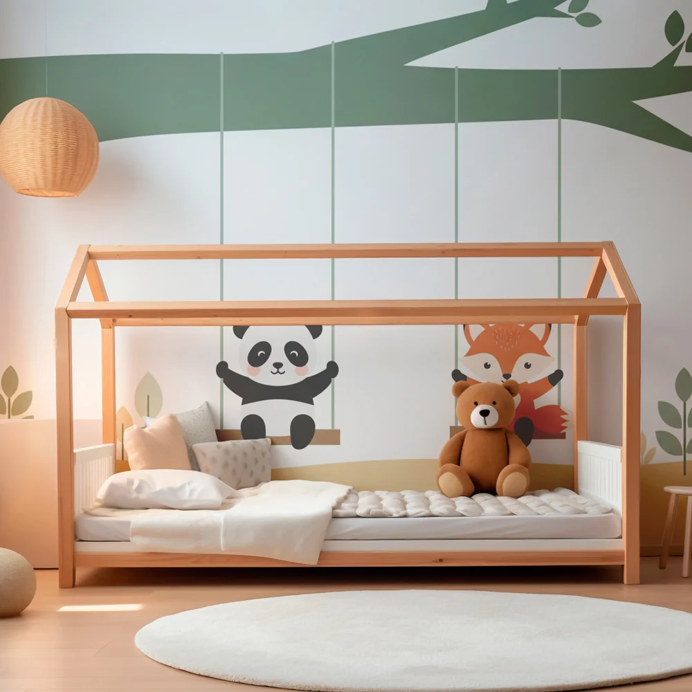 Lastenhuoneen tapetti | Panda ja kettu keinuilla