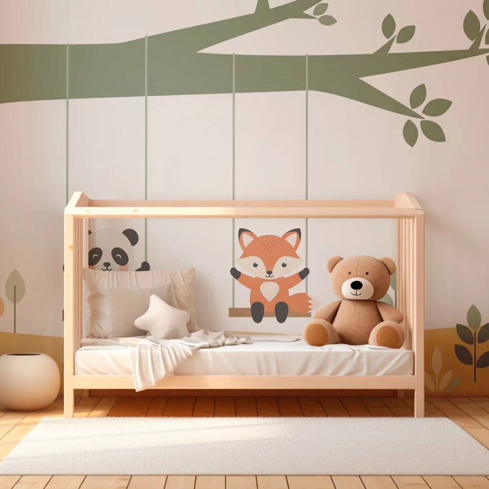Lastenhuoneen tapetti | Panda ja kettu keinuilla