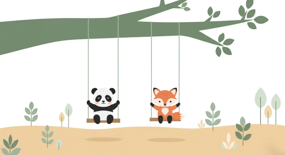 Lastenhuoneen tapetti | Panda ja kettu keinuilla