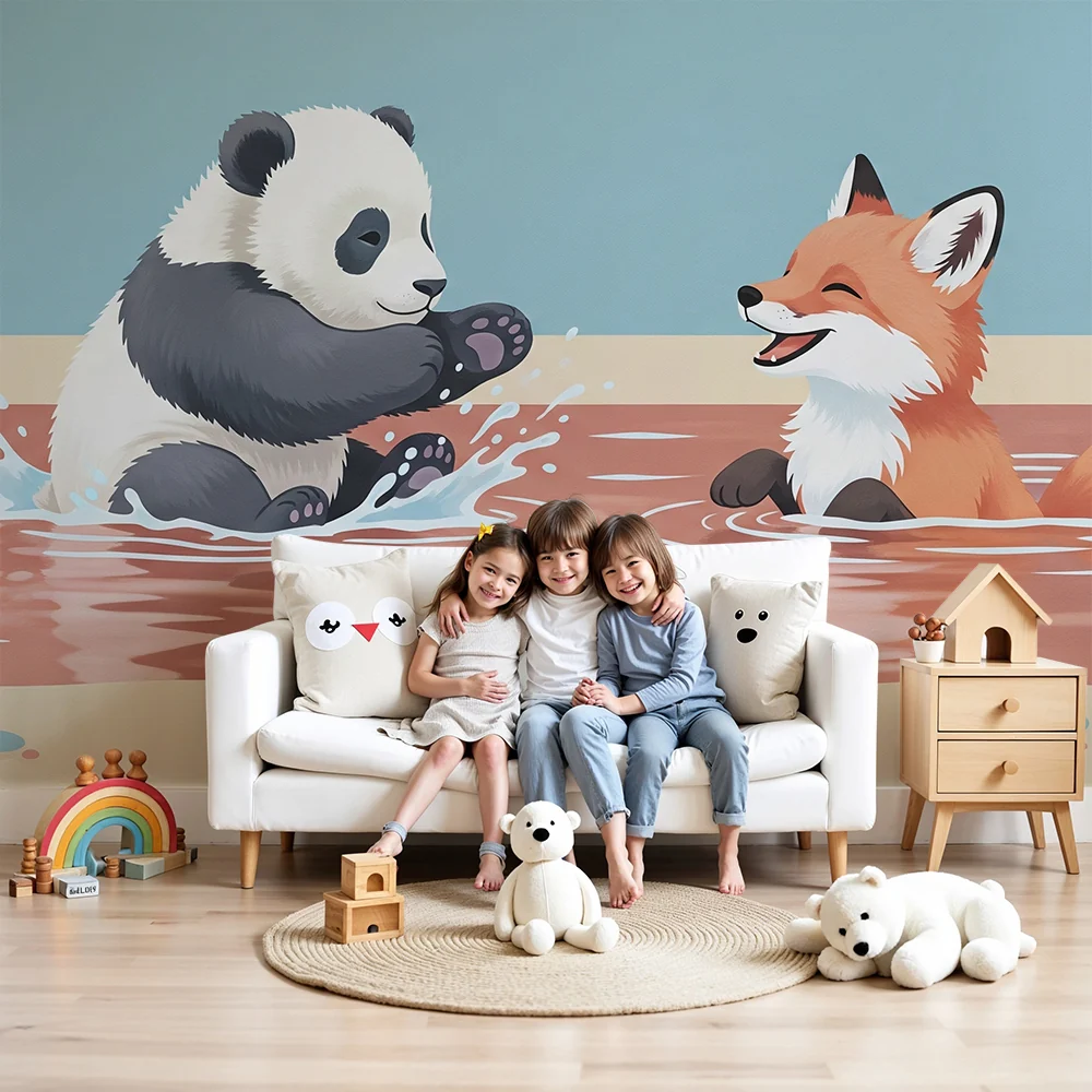 Lastenhuoneen tapetti | Panda ja kettu leikkivät vedessä