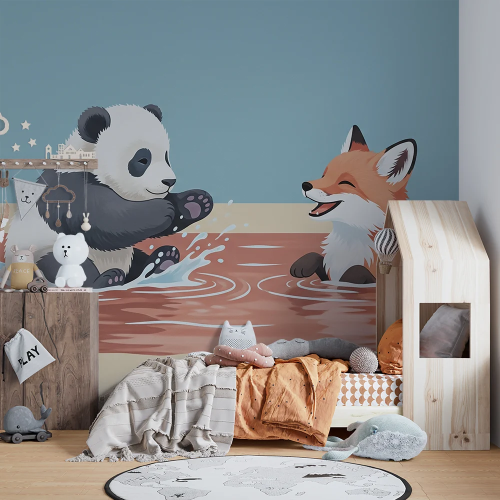 Lastenhuoneen tapetti | Panda ja kettu leikkivät vedessä