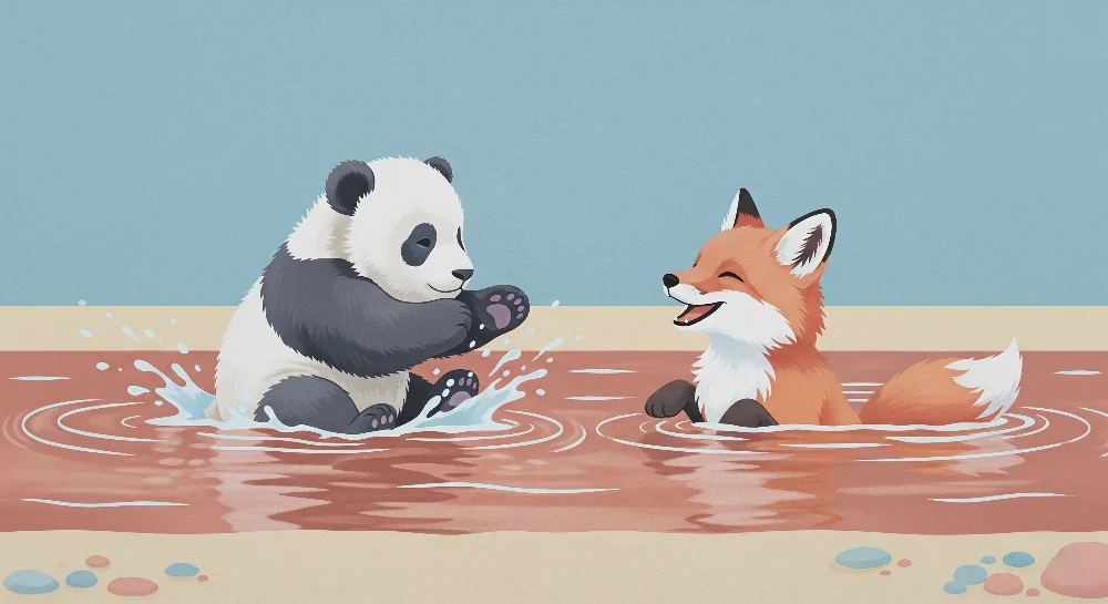 Lastenhuoneen tapetti | Panda ja kettu leikkivät vedessä