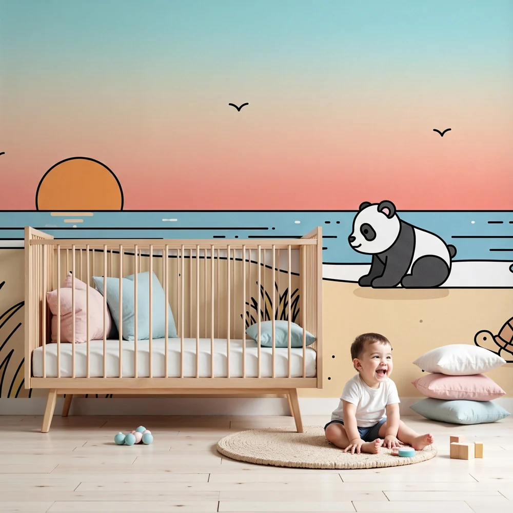 Lastenhuoneen tapetti | Panda ja kilpikonna rannalla