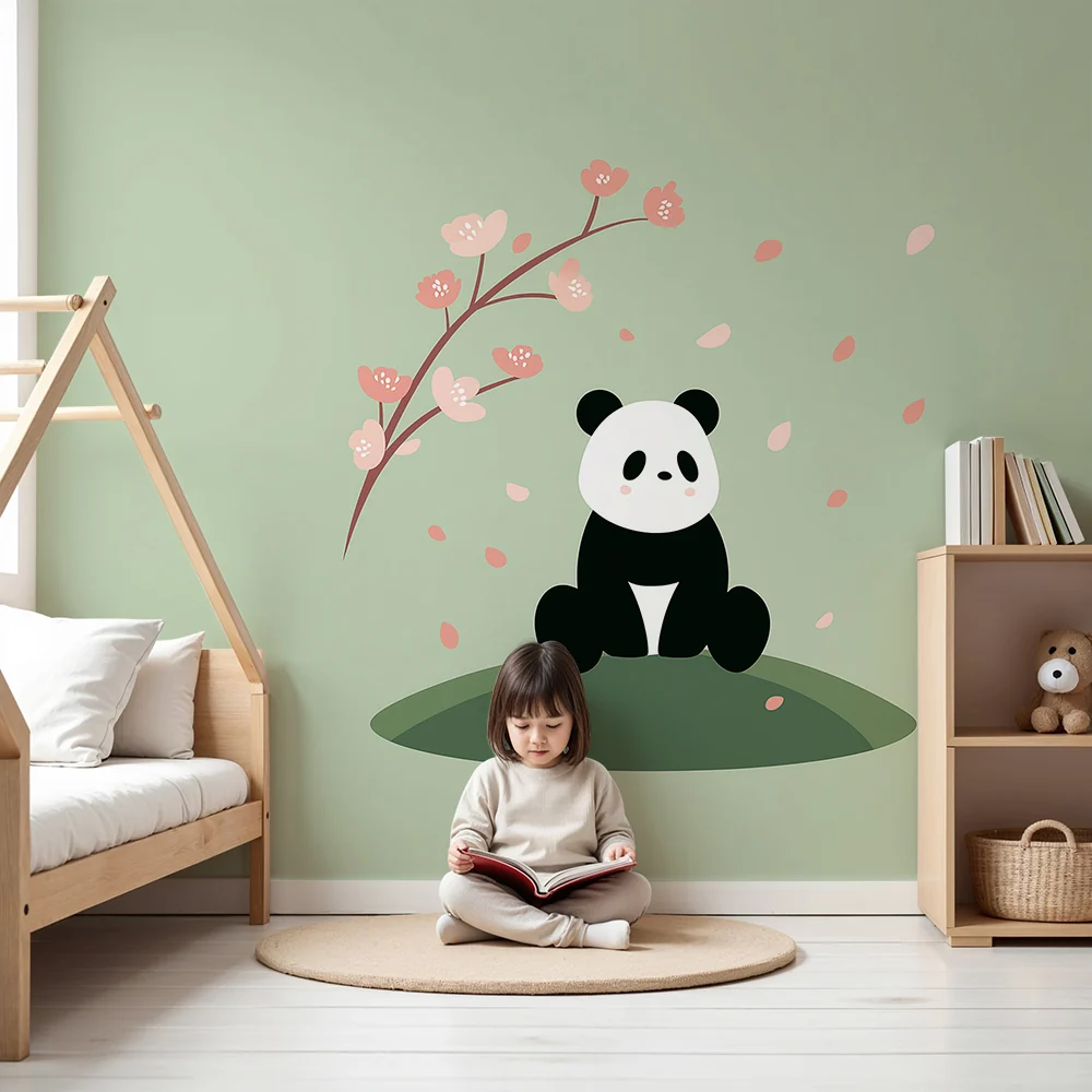 Lastenhuoneen tapetti | Söpö panda kukkivien kirsikkapuiden alla